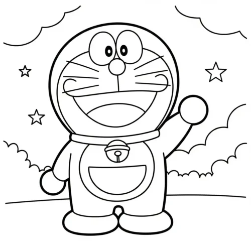 Doraemon giơ tay giữa mây và sao