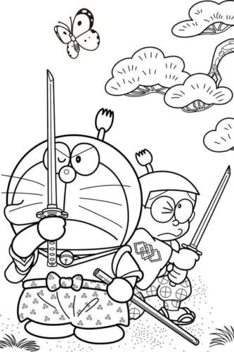 Doraemon cầm kiếm giữa hoa lá