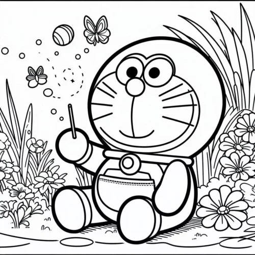 Doraemon giữa vườn hoa và bướm