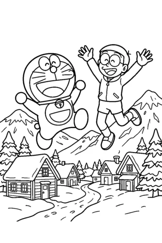 Doraemon và Nobita chạy qua làng