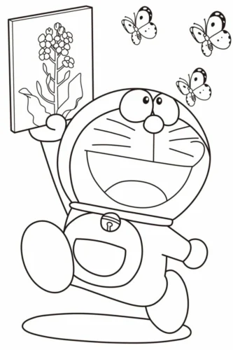 Doraemon bên bức tranh hoa và bướm