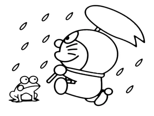 Doraemon cầm lá dưới mưa cùng chú ếch