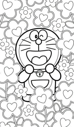 Doraemon giữa nền hoa và trái tim