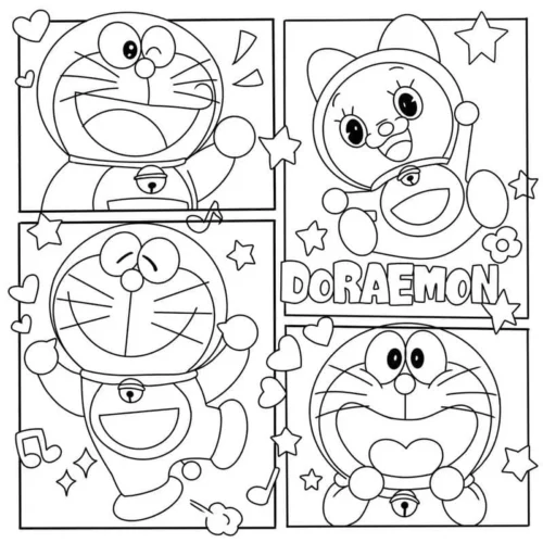 Bốn ô Doraemon và Dorami dưới chữ Doraemon