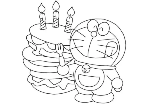 Tranh tô màu doraemon bên chồng bánh sinh nhật