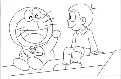 Mẫu tô màu doraemon và Nobita ngồi trên tảng đá
