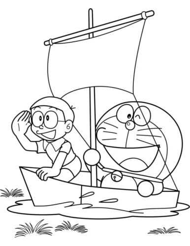 Hình tô màu doraemon và Nobita trên thuyền buồm