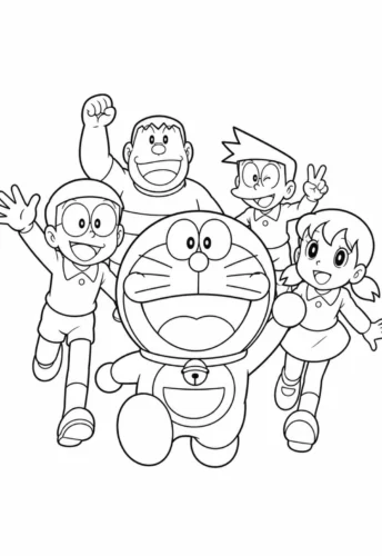 Tranh tô màu doraemon và nhóm bạn chạy vui