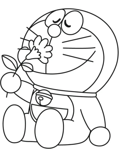 Hình tô màu doraemon ngửi bông hoa