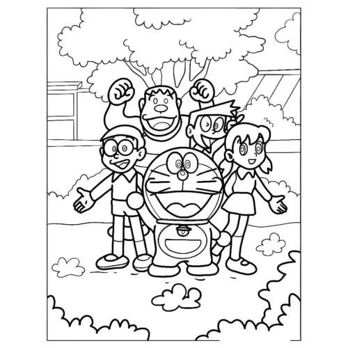 Mẫu tô màu doraemon và các bạn giữa vườn cây