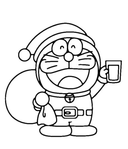 Tranh tô màu doraemon ông già Noel cầm cốc