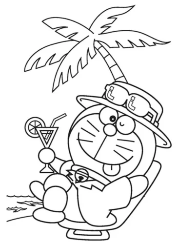 Hình tô màu doraemon nằm ghế dưới cây dừa