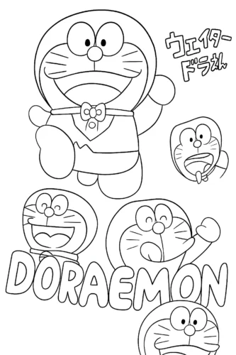 Tranh tô màu nhiều Doraemon nhỏ dưới chữ Doraemon