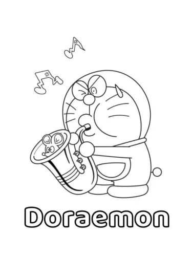 Mẫu tô màu doraemon thổi kèn dưới chữ Doraemon