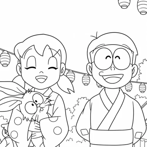Hình tô màu nobita và Shizuka mặc yukata