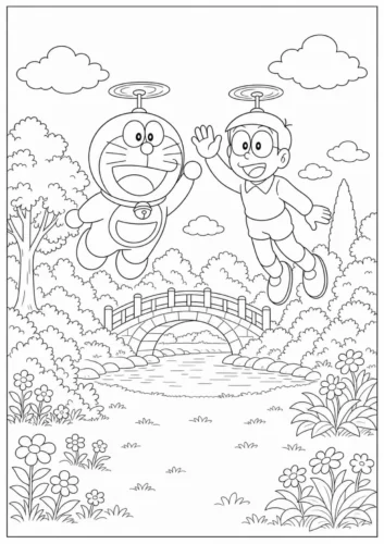 Mẫu tô màu doraemon và Nobita bay trên công viên