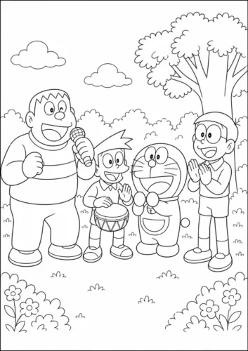 Tranh tô màu doraemon và nhóm bạn dưới gốc cây