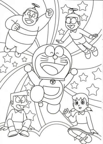 Hình tô màu doraemon và các bạn giữa cầu vồng