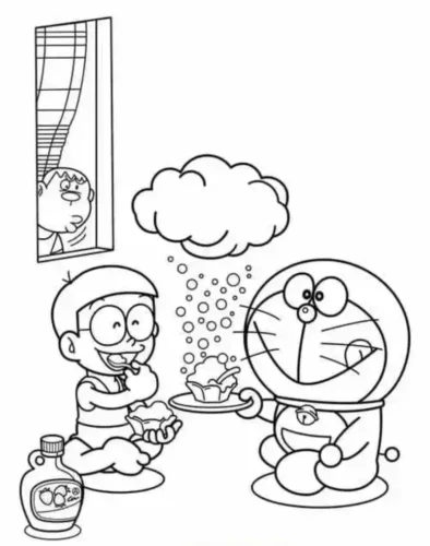 Mẫu tô màu doraemon và Nobita làm bánh bên cửa sổ