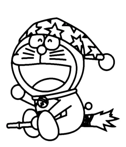 Doraemon đội mũ ngủ cưỡi chổi