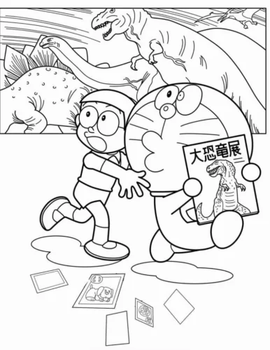 Doraemon và Nobita chạy bên khủng long