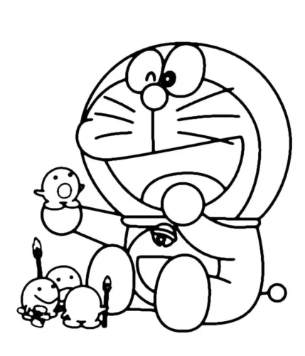 Doraemon và gà con bên bánh sinh nhật