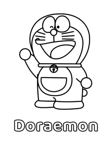Doraemon giơ tay dưới chữ Doraemon