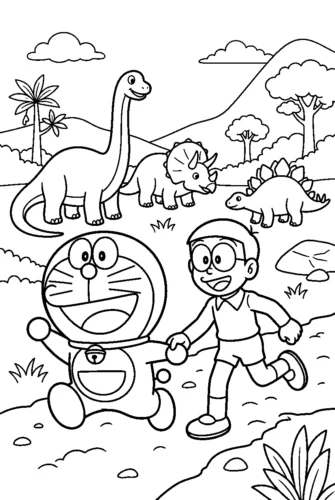 Doraemon và Nobita chạy giữa khủng long