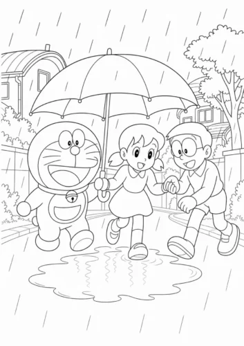 Doraemon và các bạn cầm ô dưới mưa
