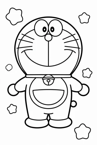 Hình tô màu doraemon đứng giữa các ngôi sao