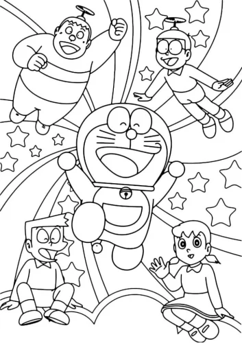 Tranh tô màu doraemon và các bạn bay bằng chong chóng tre
