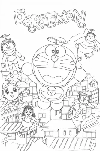 Mẫu tô màu nhóm bạn Doraemon dưới chữ Doraemon, nét mảnh