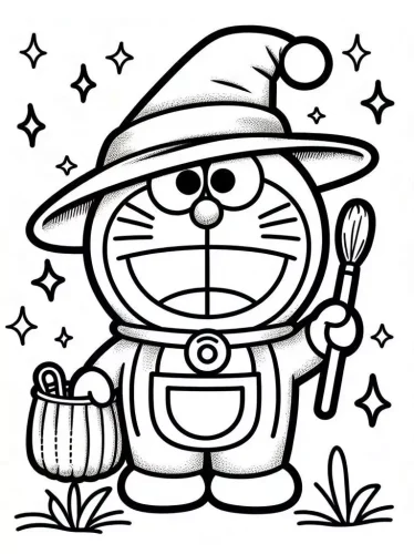 Mẫu tô màu doraemon phù thuỷ cầm giỏ kẹo