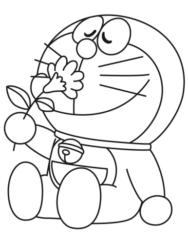 Hình tô màu doraemon cầm bông hoa