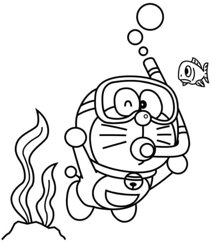 Mẫu tô màu doraemon đeo kính lặn dưới biển