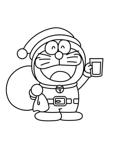 Mẫu tô màu doraemon ông già Noel cầm cốc sữa