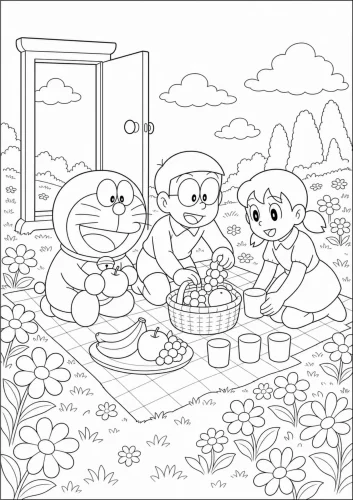 Hình tô màu doraemon và các bạn picnic giữa đồng hoa