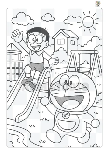 Doraemon và Nobita chơi cầu trượt