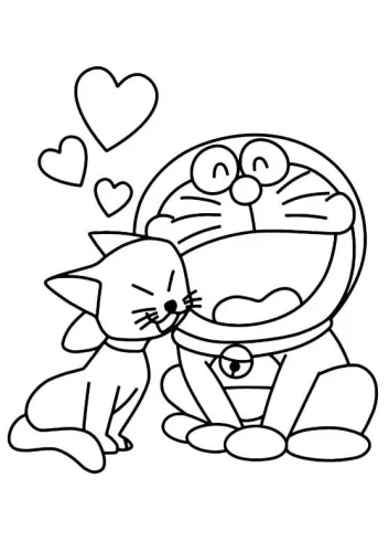 Mẫu tô màu doraemon ôm chú mèo