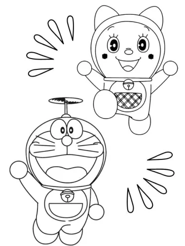 Tranh tô màu doraemon và Dorami bay với chong chóng tre
