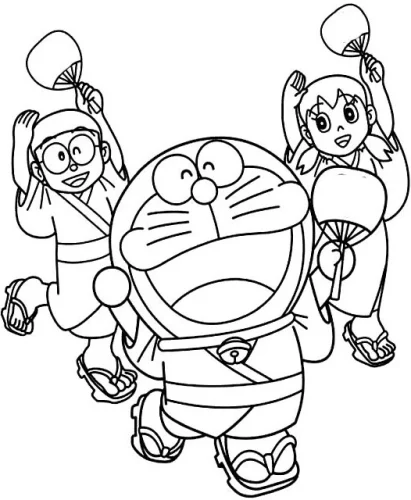 Doraemon cùng Nobita và Shizuka mặc yukata