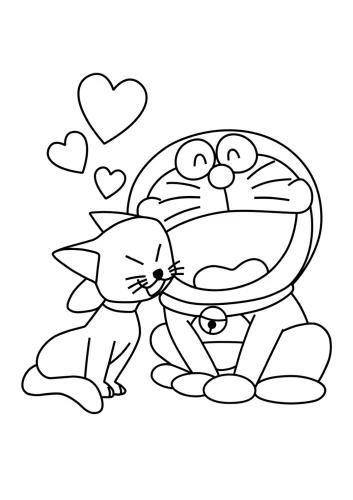 Hình tô màu doraemon ôm chú mèo, có trái tim