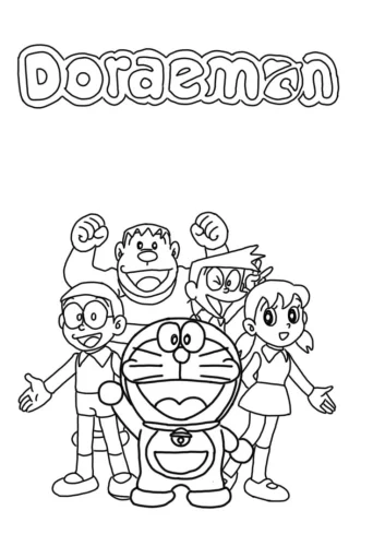 Nhóm bạn Doraemon dưới chữ Doraemon