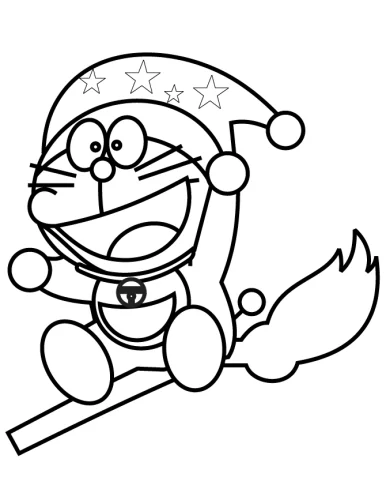 Mẫu tô màu doraemon đội mũ phù thuỷ cưỡi chổi