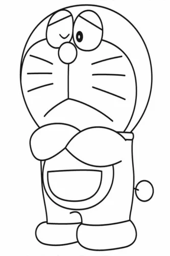 Doraemon khoanh tay, mặt buồn