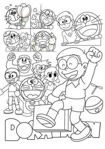 Mẫu tô màu doraemon cùng nhóm bạn dưới chữ Doraemon