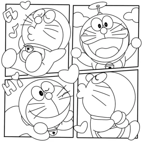 Tranh tô màu bốn khung Doraemon nhiều tư thế