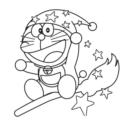 Hình tô màu doraemon đội mũ ngủ cưỡi chổi sao