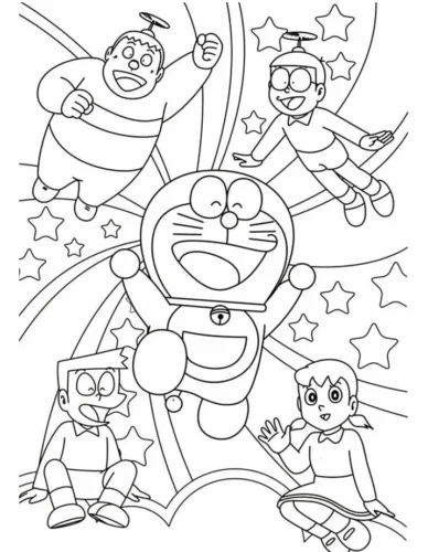 Mẫu tô màu doraemon và các bạn trên cầu vồng