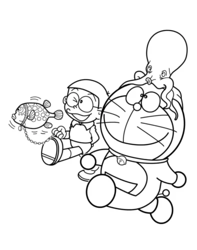 Tranh tô màu doraemon và các bạn bay theo bóng bay